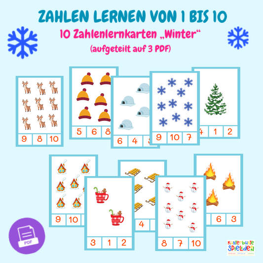Zählkarten 1–10 zum Ausdrucken mit Wintersymbolen – Zahlen lernen im Zahlenraum 1–10, Vorschulmaterial Mathe