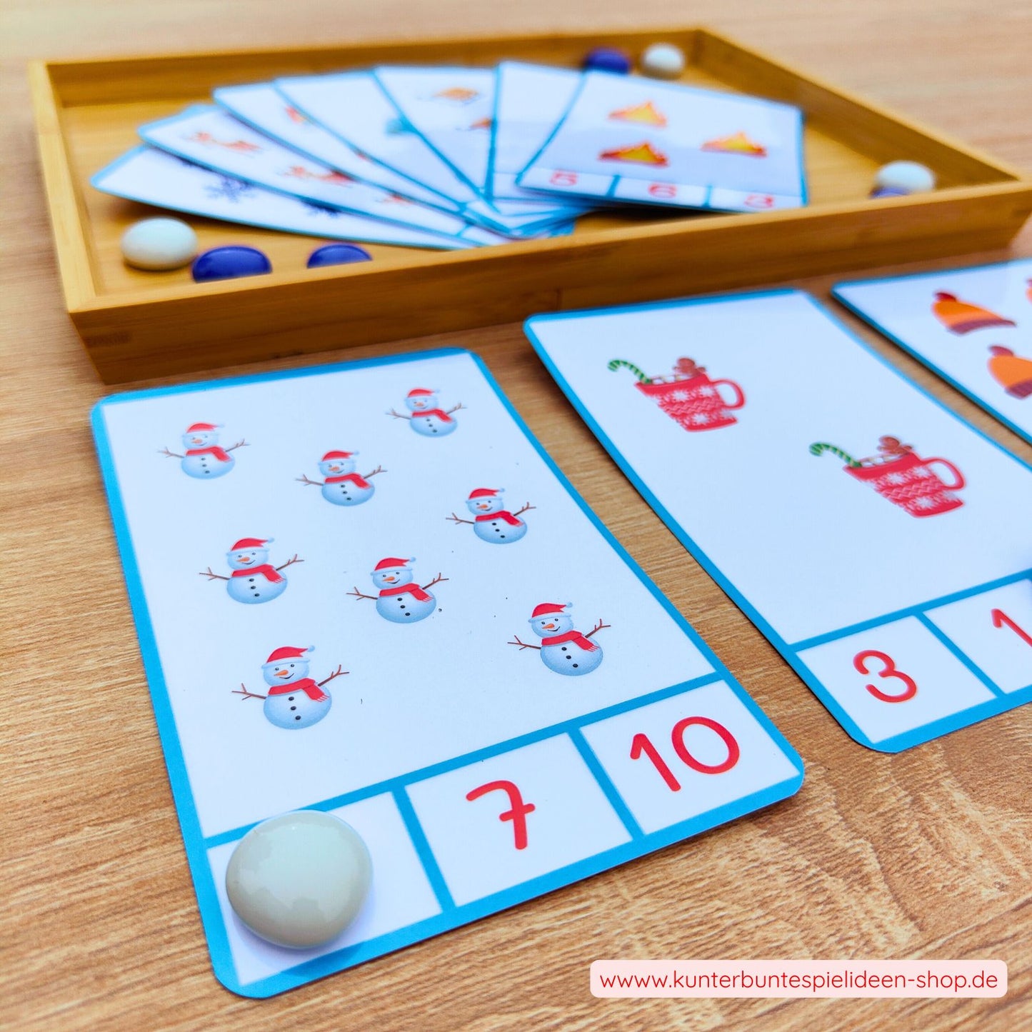 Zählspiel für Kinder ab 3 und 4 Jahren mit Zählkarten 1 bis 10 zum Zählen üben und Zahlen lernen im Winterthema