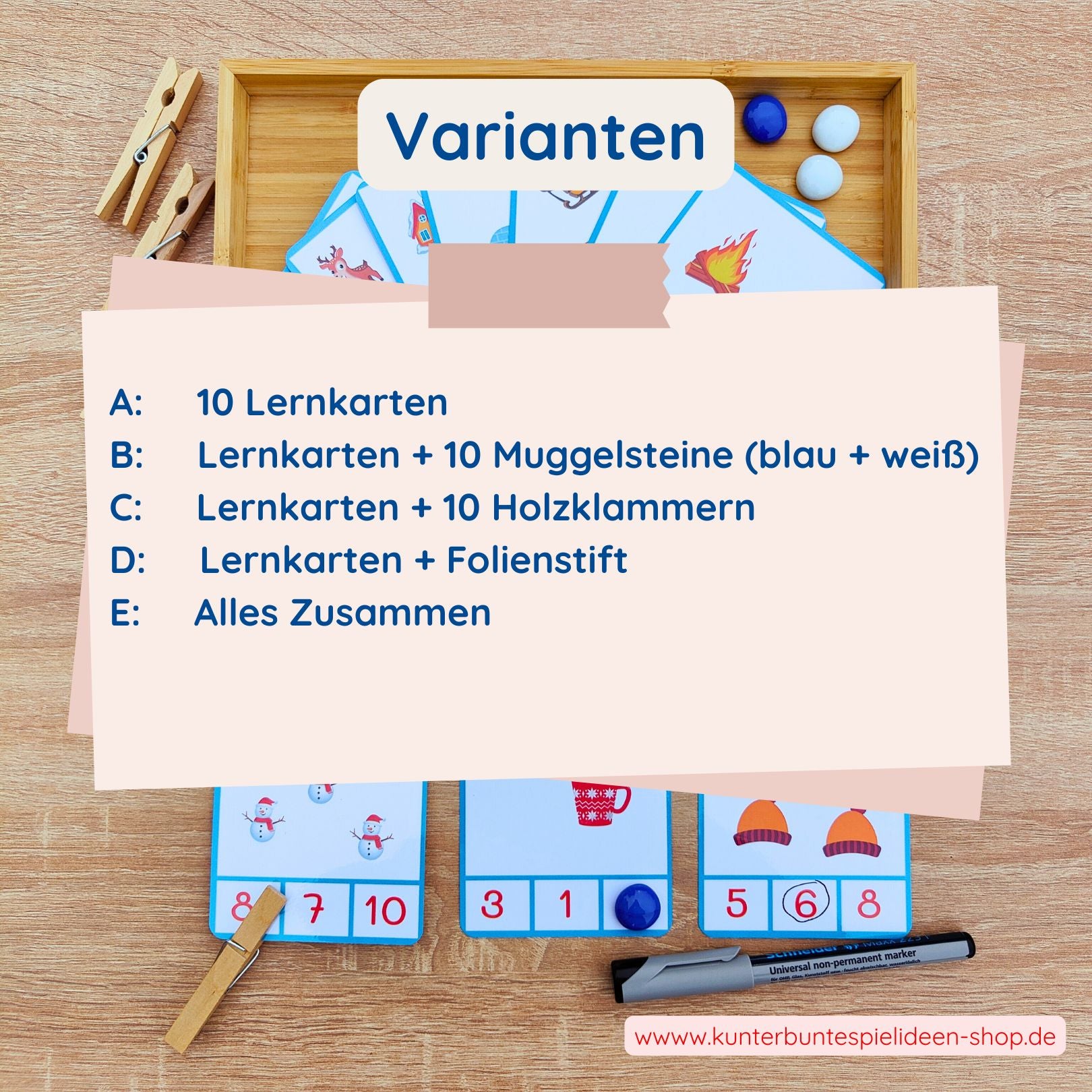 Varianten Zählkarten Zahlenraum 1 bis 10 Lernkarten und Lernspiel Set mit Muggelsteinen Klammerkarten Holzklammern Folienstift und Komplettset