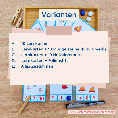 Varianten Zählkarten Zahlenraum 1 bis 10 Lernkarten und Lernspiel Set mit Muggelsteinen Klammerkarten Holzklammern Folienstift und Komplettset