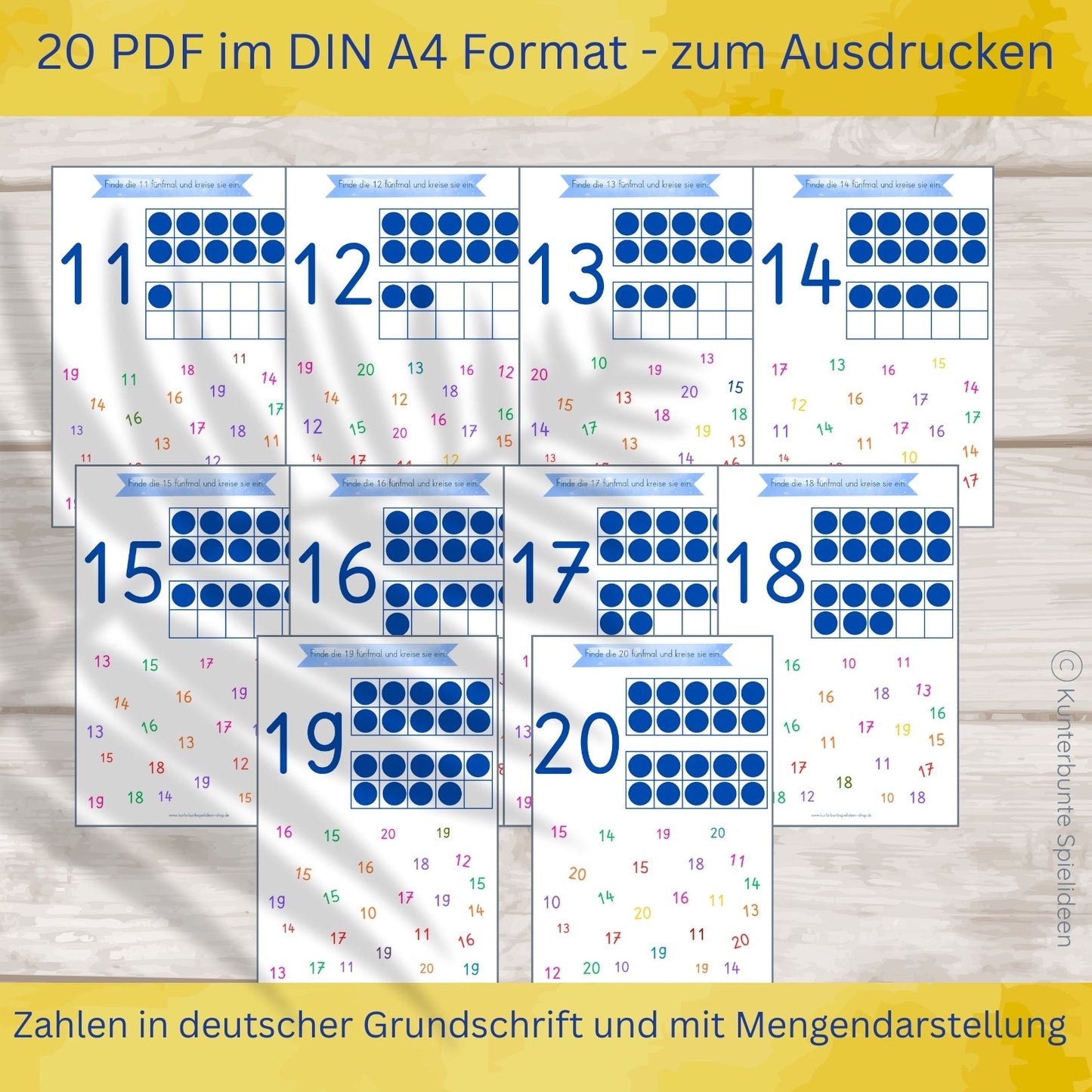 Vorschau Arbeitsblätter Zahlen lernen 11 bis 20 zum Ausdrucken, Zehnerfeld Mengenbilder, Zahlensalat Zahlen suchen und einkreisen, deutsche Grundschrift