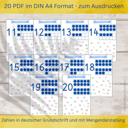 Vorschau Arbeitsblätter Zahlen lernen 11 bis 20 zum Ausdrucken, Zehnerfeld Mengenbilder, Zahlensalat Zahlen suchen und einkreisen, deutsche Grundschrift