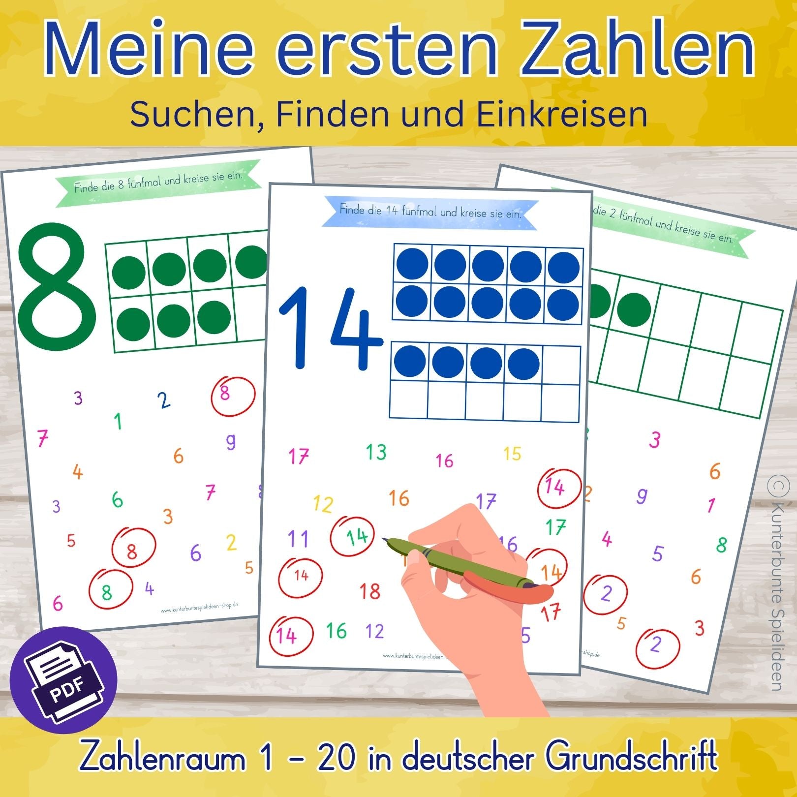 Meine ersten Zahlen PDF zum Ausdrucken, Arbeitsblätter Zahlen lernen 1 bis 20 ab 3 Jahren, Zehnerfeld Mengenverständnis, Zahlensalat einkreisen, deutsche Grundschrift