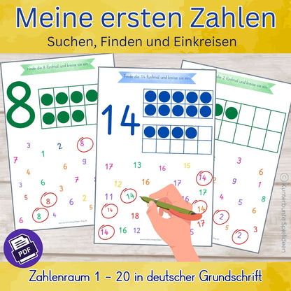 Meine ersten Zahlen PDF zum Ausdrucken, Arbeitsblätter Zahlen lernen 1 bis 20 ab 3 Jahren, Zehnerfeld Mengenverständnis, Zahlensalat einkreisen, deutsche Grundschrift