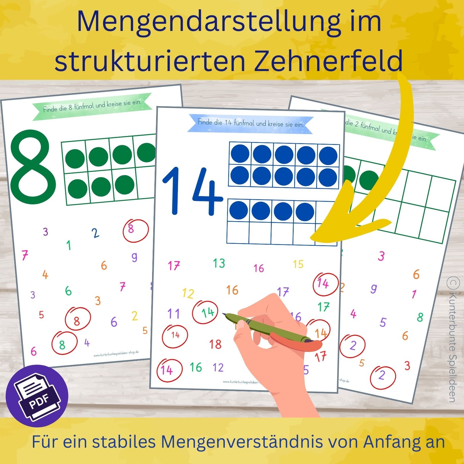 Zehnerfeld Arbeitsblätter 1 bis 20, Mengendarstellung strukturiert, Mengenverständnis fördern, Zahlen ab 10 verstehen, Zahlensalat zum Einkreisen, PDF zum Ausdrucken