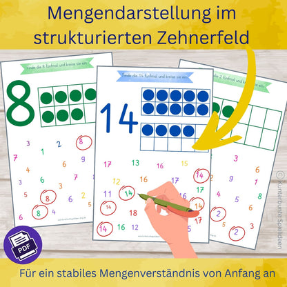 Zehnerfeld Arbeitsblätter 1 bis 20, Mengendarstellung strukturiert, Mengenverständnis fördern, Zahlen ab 10 verstehen, Zahlensalat zum Einkreisen, PDF zum Ausdrucken