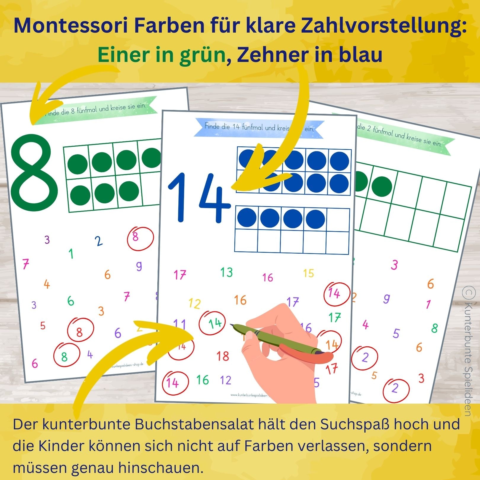 Montessori Farben Einser grün Zehner blau, Zahlen lernen 1 bis 20, Arbeitsblätter zum Ausdrucken ab 3, Zehnerfeld, Zahlensalat Zahlen suchen und einkreisen