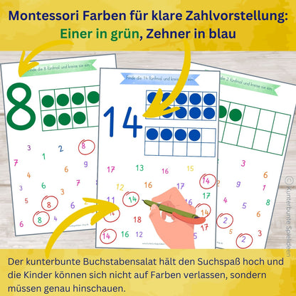 Montessori Farben Einser grün Zehner blau, Zahlen lernen 1 bis 20, Arbeitsblätter zum Ausdrucken ab 3, Zehnerfeld, Zahlensalat Zahlen suchen und einkreisen