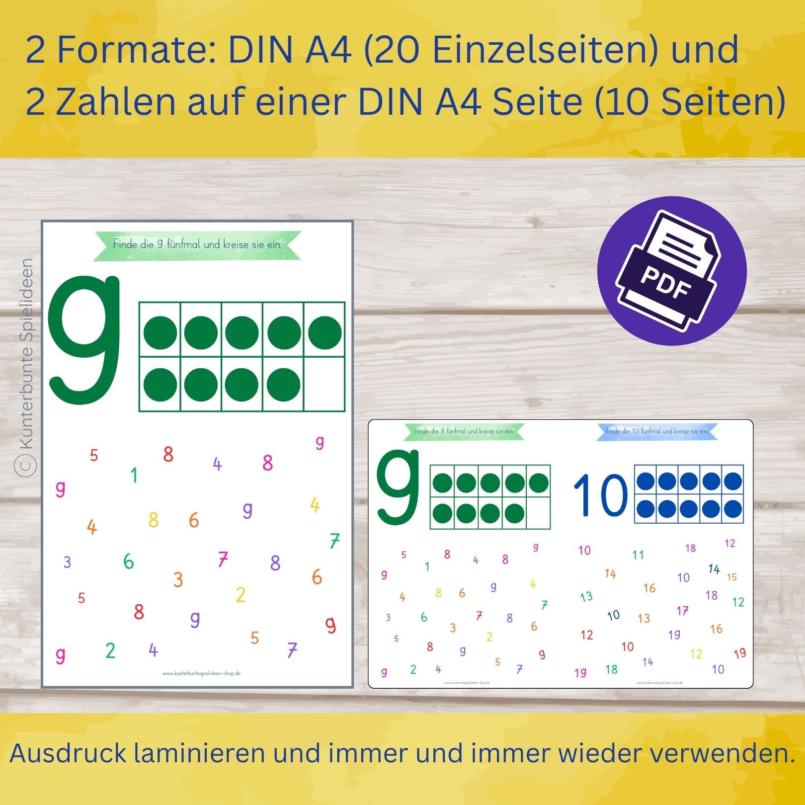 PDF Arbeitsblätter Zahlen lernen 1 bis 20 zum Ausdrucken, 2 Formate DIN A4, 20 Einzelseiten plus 10 Seiten mit 2 Zahlen, Zehnerfeld Mengenbilder