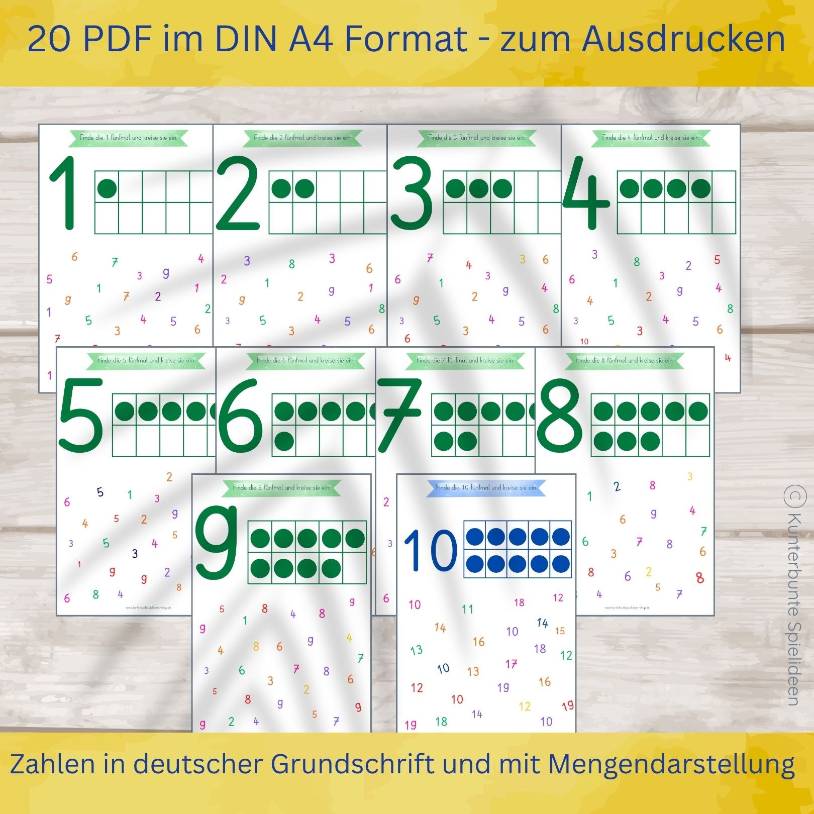 Vorschau Arbeitsblätter Zahlen lernen 1 bis 10 zum Ausdrucken ab 3 Jahren, Zehnerfeld Mengenbilder, Zahlensalat einkreisen, Zahlen in deutscher Grundschrift