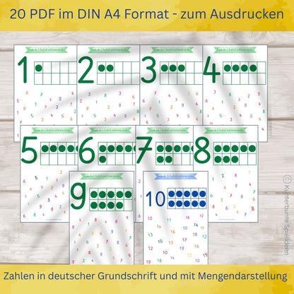 Vorschau Arbeitsblätter Zahlen lernen 1 bis 10 zum Ausdrucken ab 3 Jahren, Zehnerfeld Mengenbilder, Zahlensalat einkreisen, Zahlen in deutscher Grundschrift