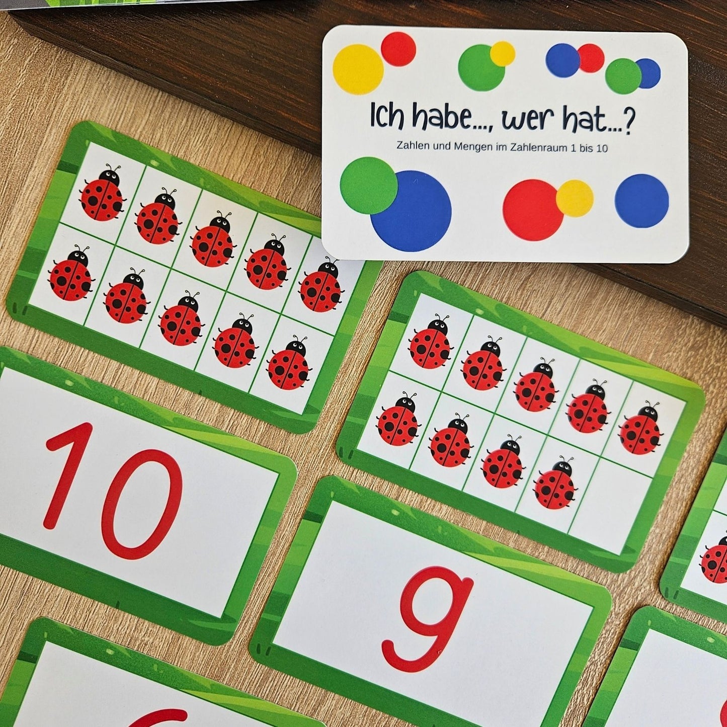 Zahlenkarten und Mengenkarten im Zehnerfeld für den Zahlenraum 1 bis 10 als „Ich habe … wer hat?“ Spiel zur Förderung von Mengenverständnis und Zahlbeziehungen. Lernkarten für Vorschule und Grundschule, um Zahlen und Mengen sicher zuzuordnen.