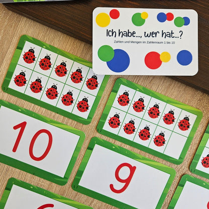Zahlenkarten und Mengenkarten im Zehnerfeld für den Zahlenraum 1 bis 10 als „Ich habe … wer hat?“ Spiel zur Förderung von Mengenverständnis und Zahlbeziehungen. Lernkarten für Vorschule und Grundschule, um Zahlen und Mengen sicher zuzuordnen.