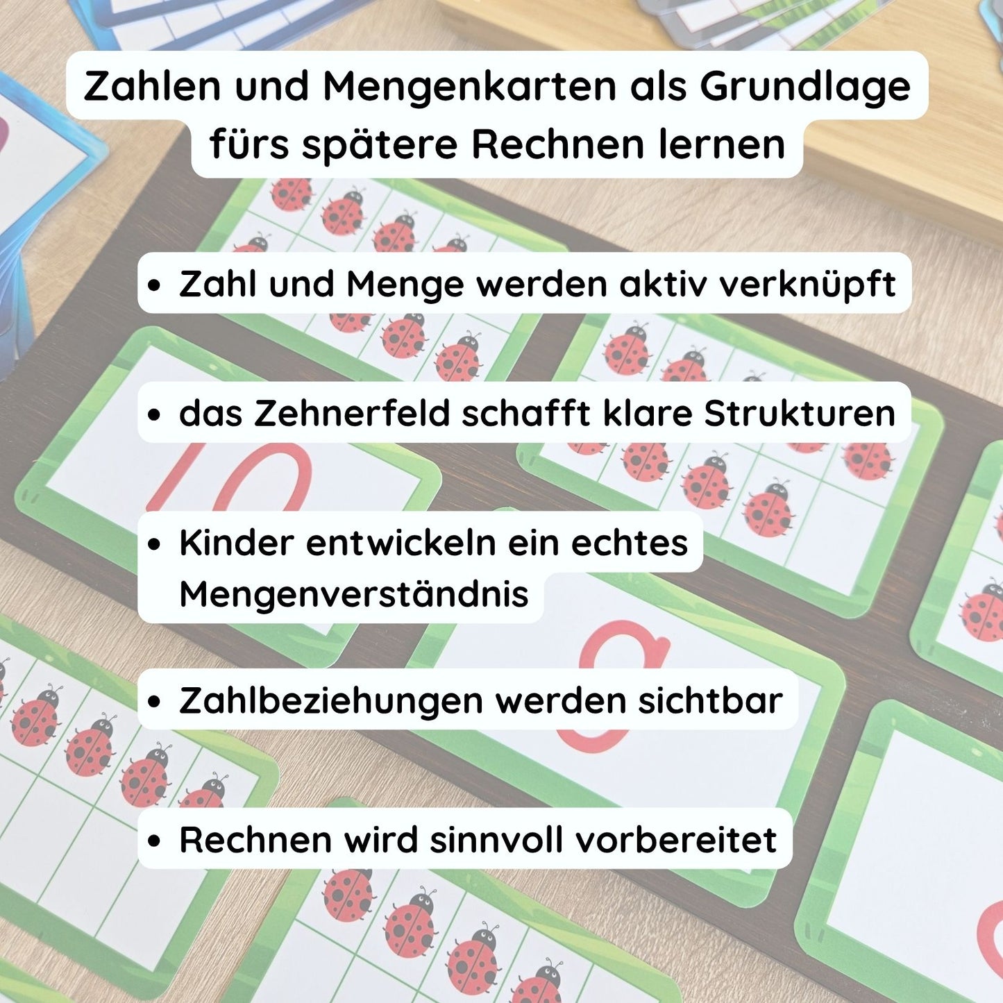 Zahlenkarten und Mengenkarten im Zehnerfeld als Lernkarten für den Zahlenraum 1 bis 10 zur Förderung von Mengenverständnis und Rechnen lernen ohne zählen. Ideal für Vorschule, Grundschule und Förderung mit klar strukturierten Mengenbildern.