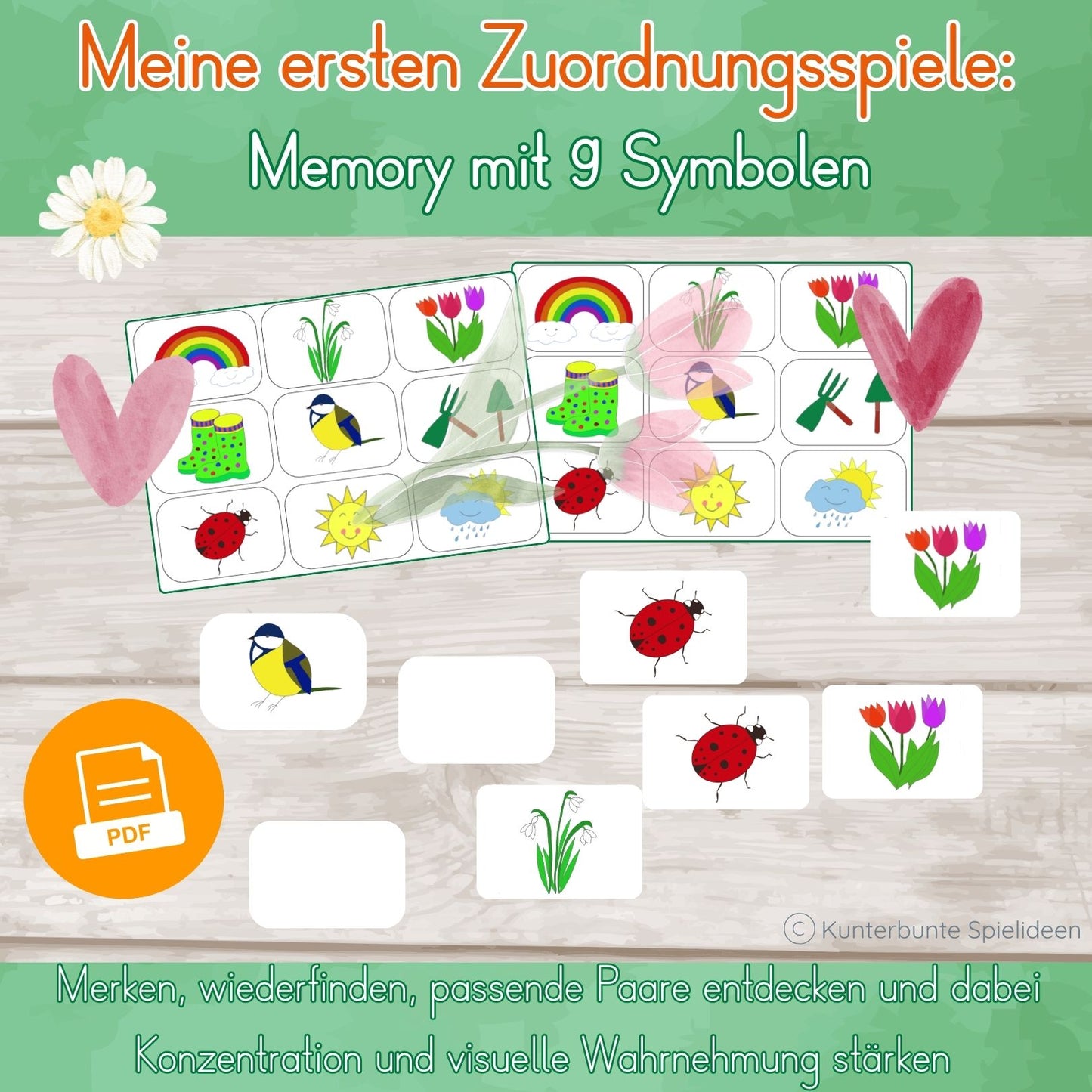 Memory-Spiel Frühling zum Ausdrucken: 9 Bildpaare mit Frühlingssymbolen für Kinder ab 2 Jahren – Zuordnungsspiel als PDF Download.