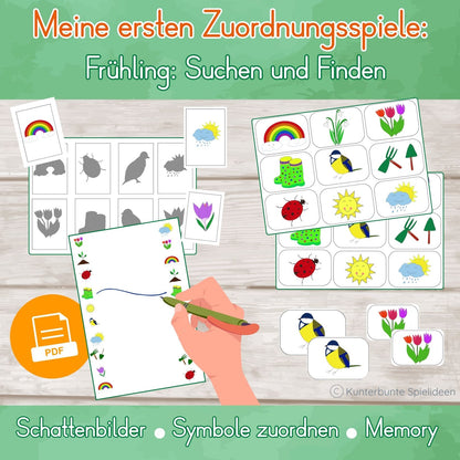 Zuordnungsspiel Frühling zum Ausdrucken ab 2 Jahren: Schattenbilder zuordnen, Symbole verbinden und Memory – Fördermaterial als PDF.