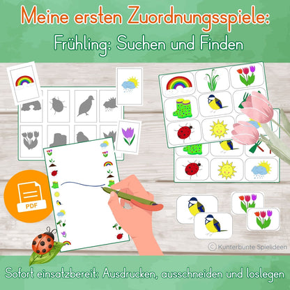 Zuordnungsspiel Frühling zum Ausdrucken ab 2 Jahren: Schattenbilder zuordnen, Symbole verbinden, Memory – fördert visuelle Diskrimination, Hand-Auge-Koordination und Ausdauer.