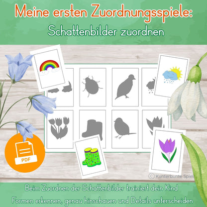 Schattenbilder zuordnen zum Ausdrucken: Fördermaterial visuelle Wahrnehmung Kindergarten – Formen erkennen, Details unterscheiden und sicher zuordnen.