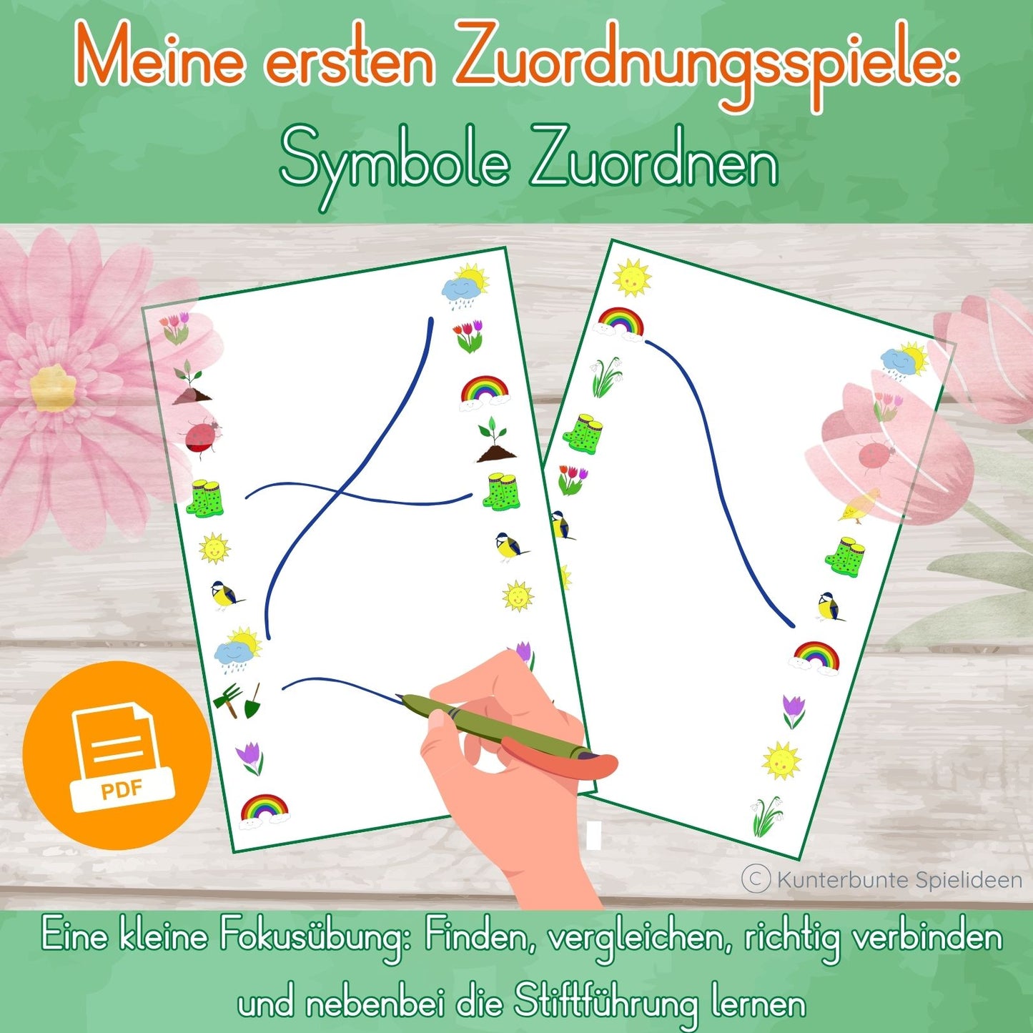 Frühlingsbilder zuordnen und verbinden: Symbole zuordnen Arbeitsblatt als PDF – stärkt Stiftführung, Hand-Auge-Koordination und Konzentration.