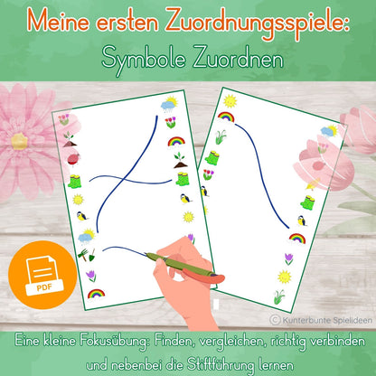 Frühlingsbilder zuordnen und verbinden: Symbole zuordnen Arbeitsblatt als PDF – stärkt Stiftführung, Hand-Auge-Koordination und Konzentration.
