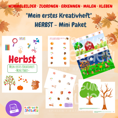 PDF Bastelvorlagen Herbst für Kleinkinder ab 20 Monaten. Kreativheft mit Wimmelbildern, Stickerbögen, Zuordnungsübungen und herbstlichen Spielideen