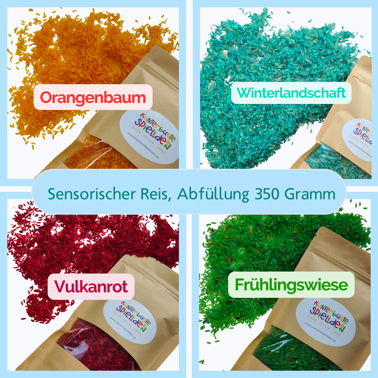 bunter Spielreis für sensorisches Spiel, Schüttspiele und Montessori Aktionstablett ab 3 Jahren