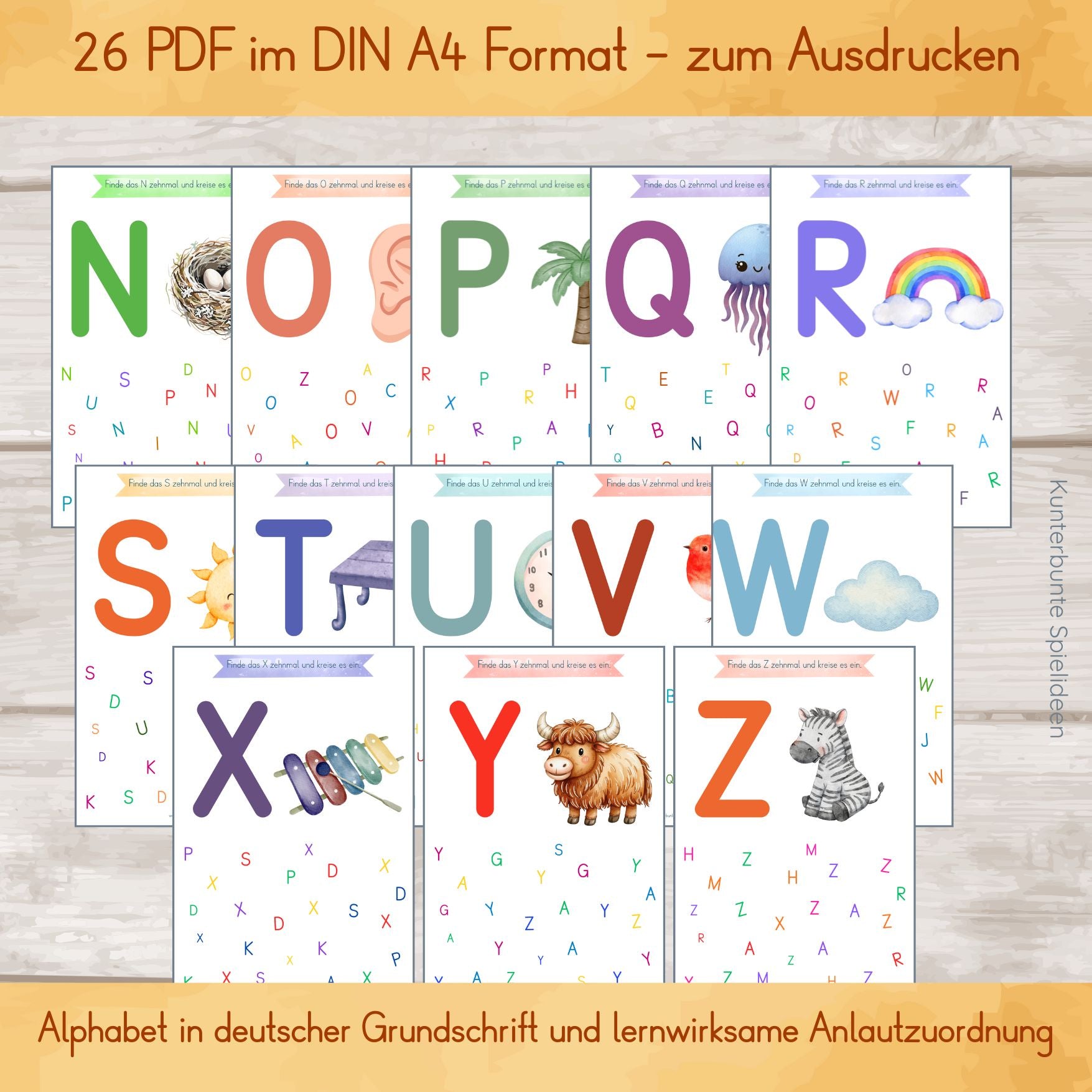 Großbuchstaben Arbeitsblätter zum Ausdrucken: Buchstaben suchen und einkreisen Arbeitsblatt mit Anlautbildern in Grundschrift.