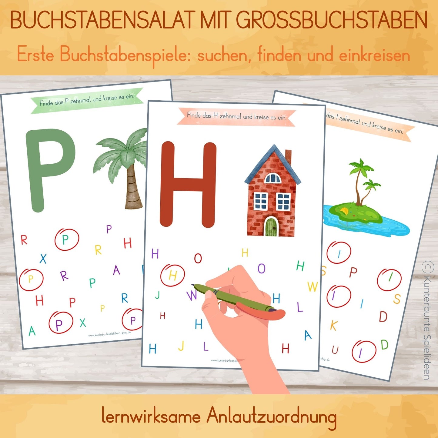 Buchstabenstation Vorschule Arbeitsblätter: Alphabet Großbuchstaben in deutscher Grundschrift zum Ausdrucken, Suchfeld zum Einkreisen.