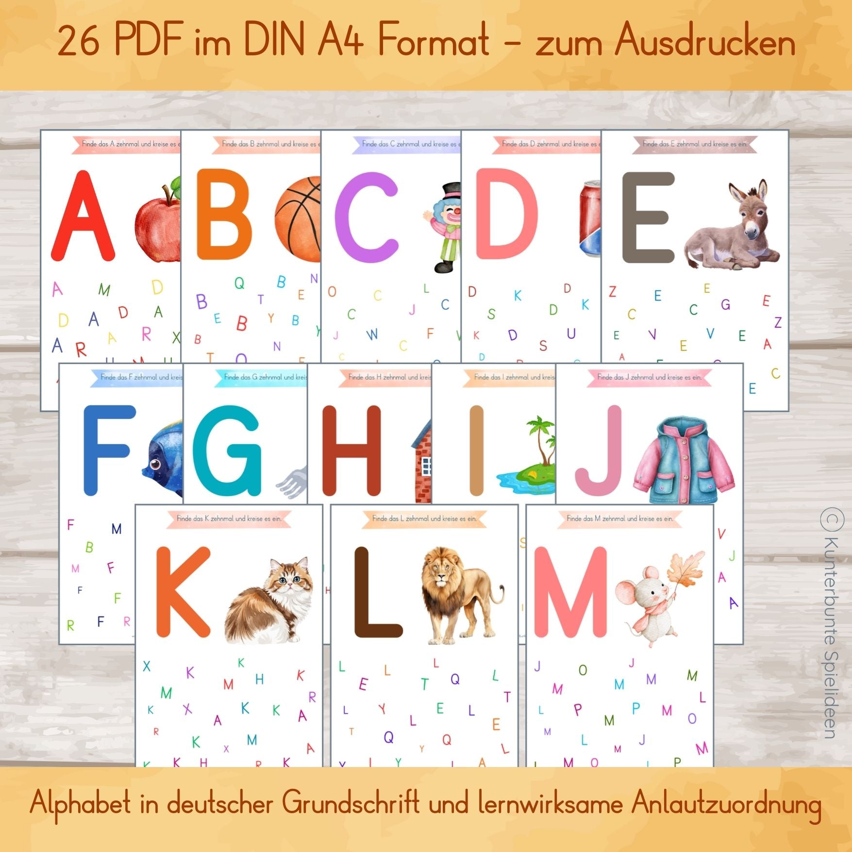 Anlautbilder Grundschrift Arbeitsblätter: P wie Palme, H wie Haus, I wie Insel – Buchstaben erkennen Arbeitsblätter Kindergarten zum Einkreisen.