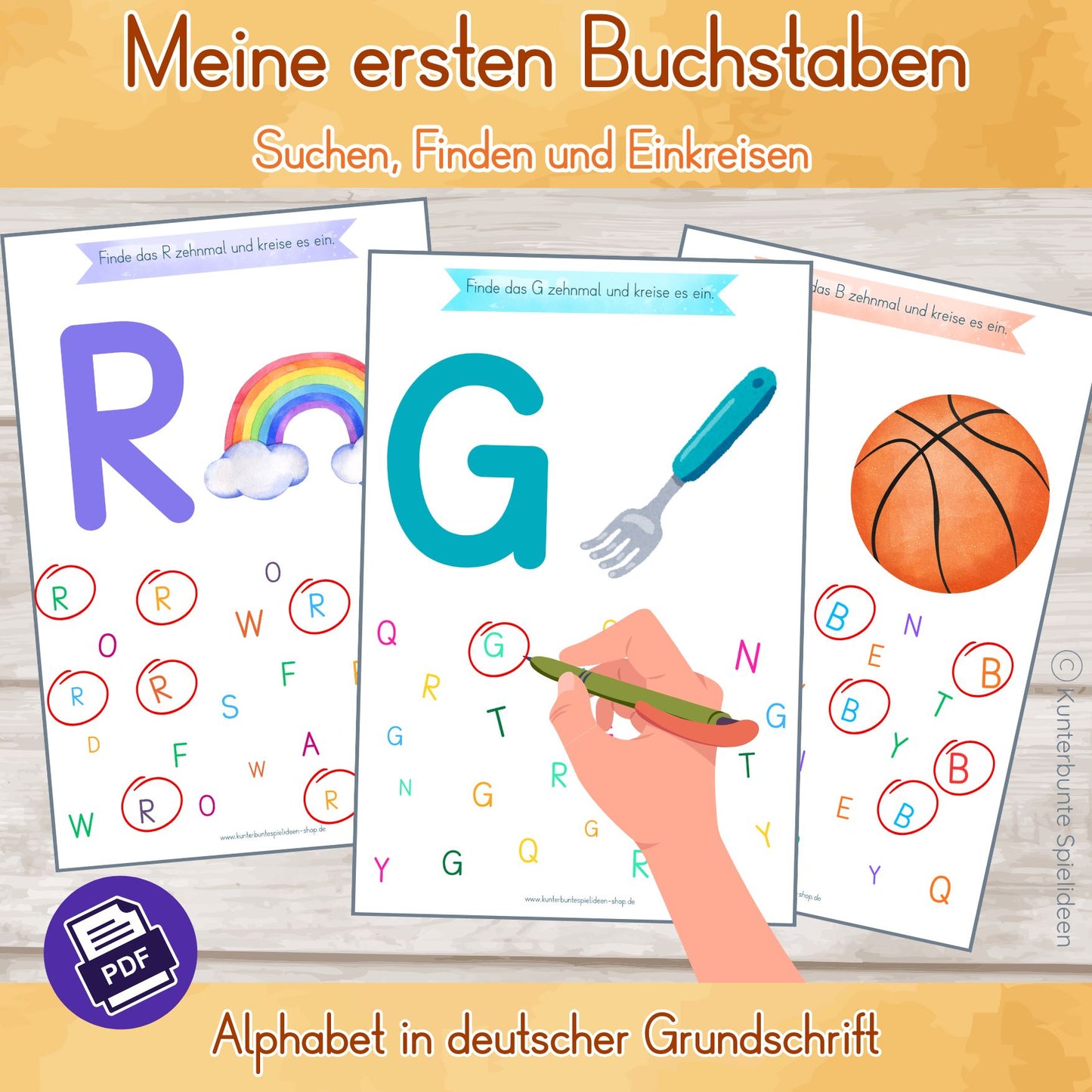 Buchstaben kennenlernen: Großbuchstaben Arbeitsblätter in deutscher Grundschrift (PDF zum Ausdrucken)