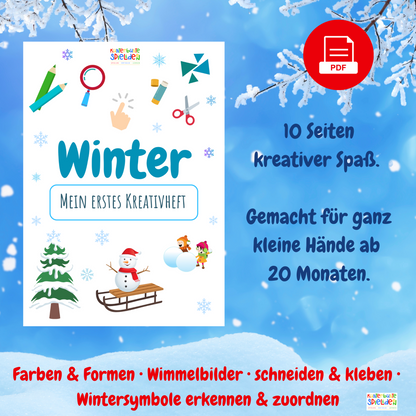 Entdecken Sie ein interaktives Winter-Kreativheft im PDF-Format, perfekt für Kleinkinder ab 20 Monaten. Diese liebevoll gestalteten Arbeitsblätter ermöglichen es Kindern, Winterthemen zu erkunden, Konzentration zu stärken und die Hand-Augen-Koordination zu verbessern. Laden Sie jetzt das Winter-Kreativheft herunter und fördern Sie spielerisch die Entwicklung Ihres Kindes!