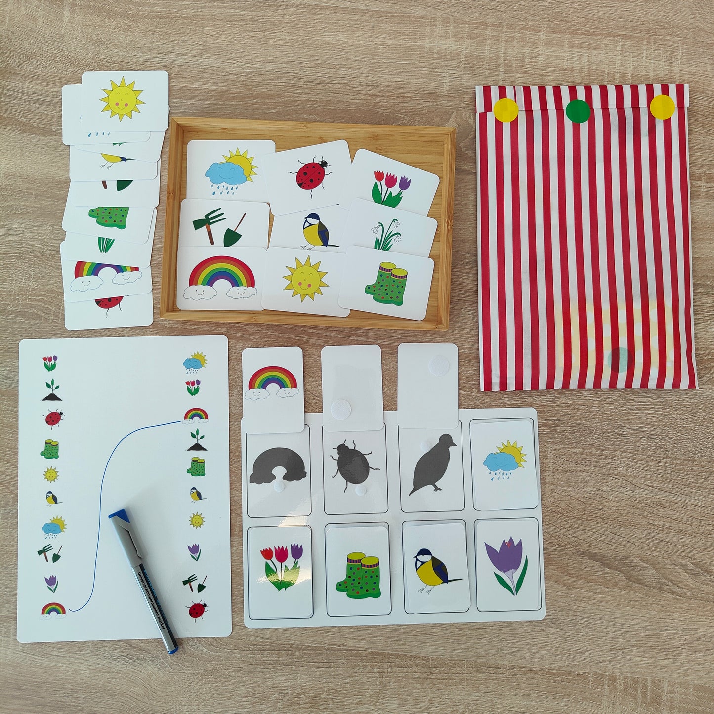 Detailaufnahme der Frühlingssymbole in der Klettmappe, darunter Sonne, Regen, Marienkäfer und Gartengeräte als Lernspiel für Kinder. Perfekt geeignet, um spielerisch den Wortschatz zum Thema Frühling zu erweitern.