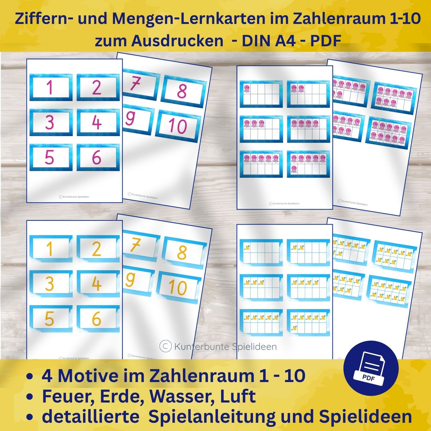 Zehnerfeld Lernkarten PDF zum Ausdrucken Zahlen und Mengen im Zahlenraum 1 bis 10 mit Spielideen für Mengenverständnis fördern und Rechnen lernen ohne zählen