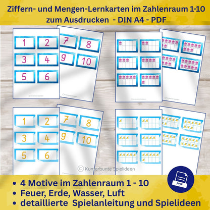 Zehnerfeld Lernkarten PDF zum Ausdrucken Zahlen und Mengen im Zahlenraum 1 bis 10 mit Spielideen für Mengenverständnis fördern und Rechnen lernen ohne zählen