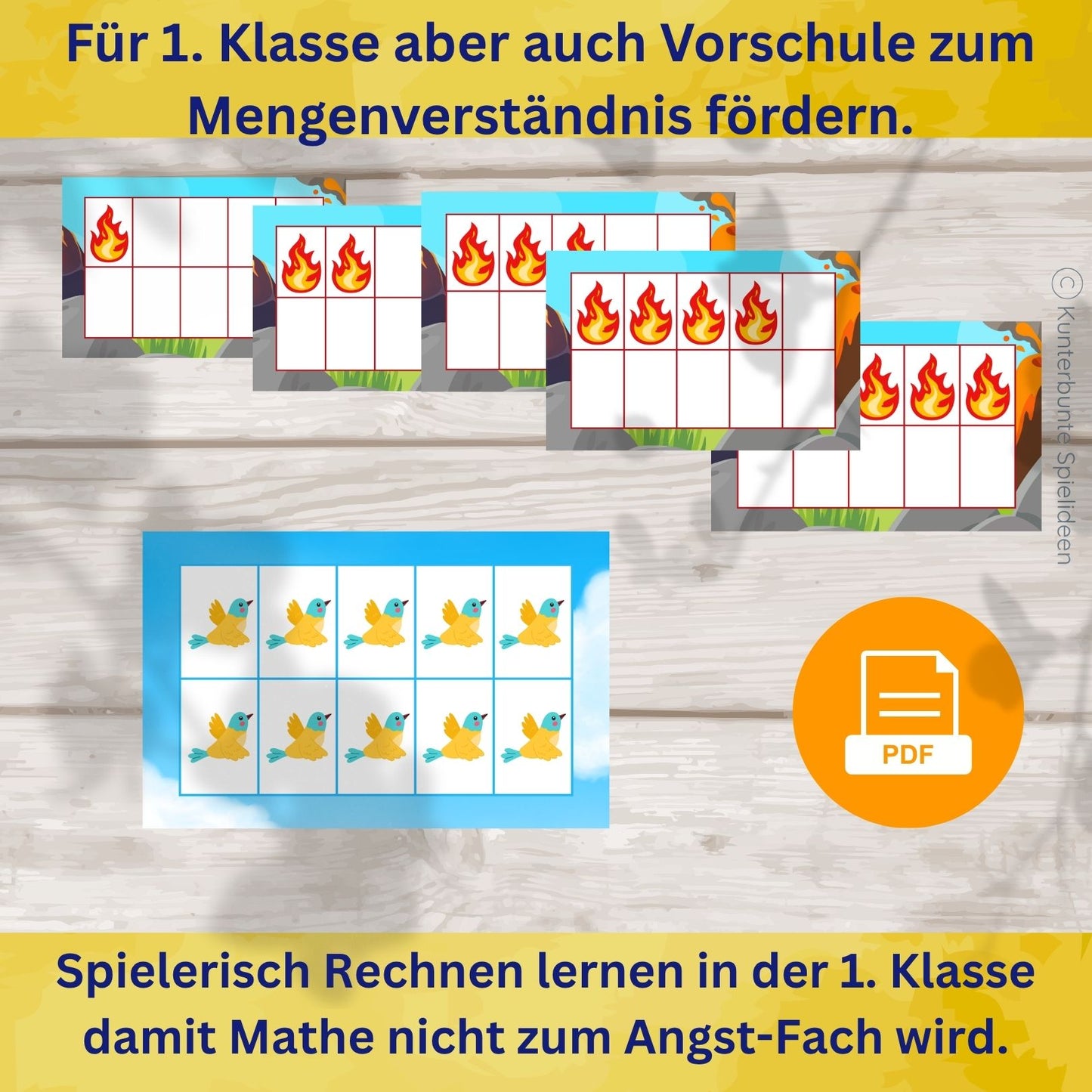 Zehnerfeld Lernkarten PDF Zahlen und Mengen Karten im Zahlenraum 1 bis 10 mit vier Motiven Feuer Wasser Luft Erde und Spielanleitung