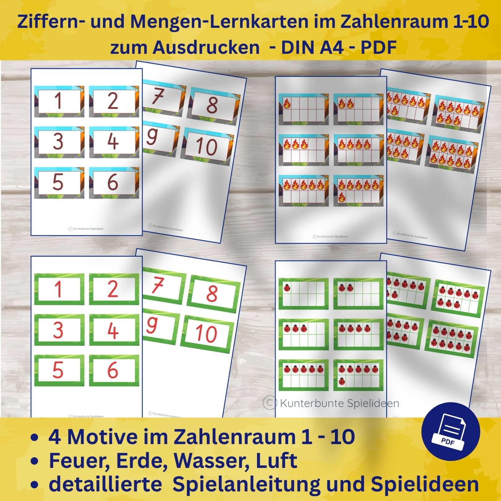 Zehnerfeld Lernkarten Zahlen und Mengen zum Ausdrucken DIN A4 PDF für Mengenverständnis fördern und Rechnen lernen in der 1 Klasse