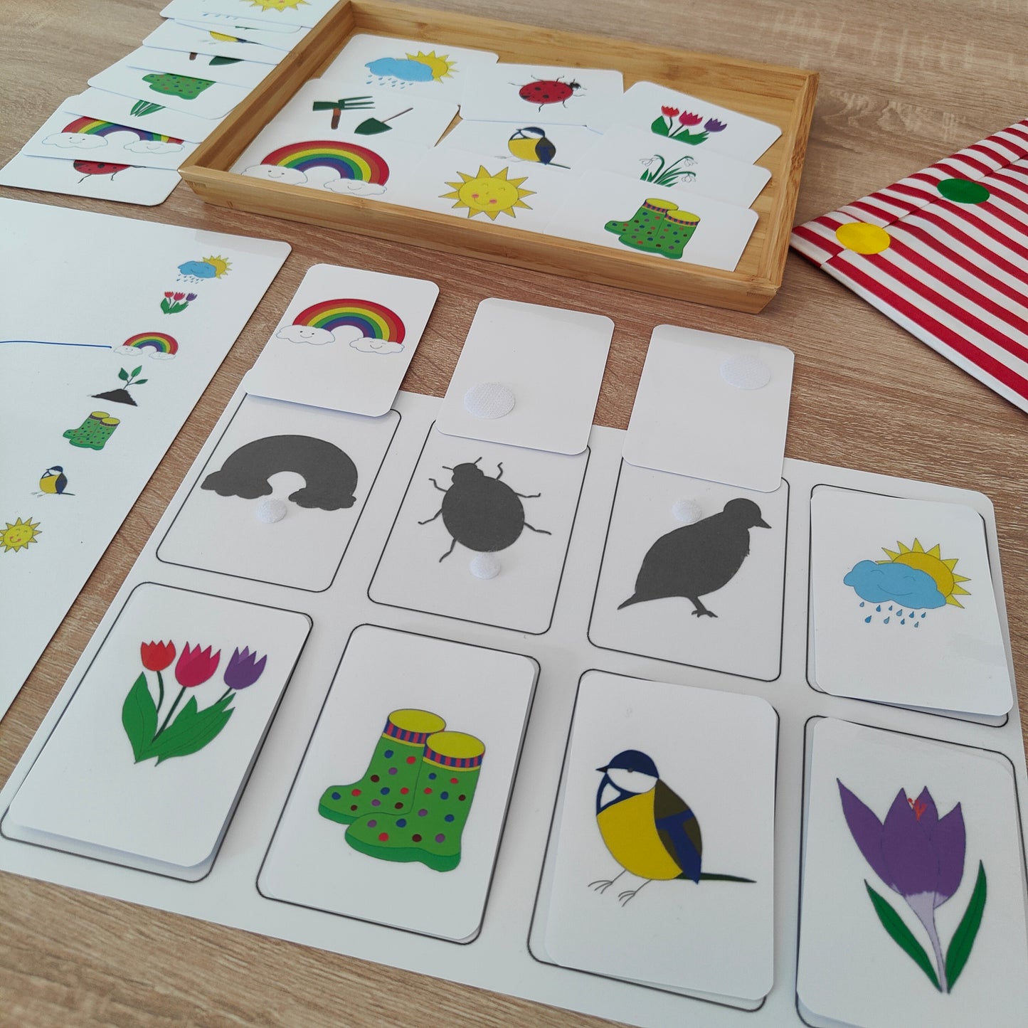 Klettmappe Frühling als Lernspiel für Kinder ab 3 Jahren mit Zuordnungsspiel, Memorykarten und Frühlingssymbolen wie Regenbogen, Sonne und Marienkäfer. Das Bild zeigt eine sinnvolle Beschäftigung für Kinder im Frühling, bei der spielerisch Farben und Symbole gelernt werden.