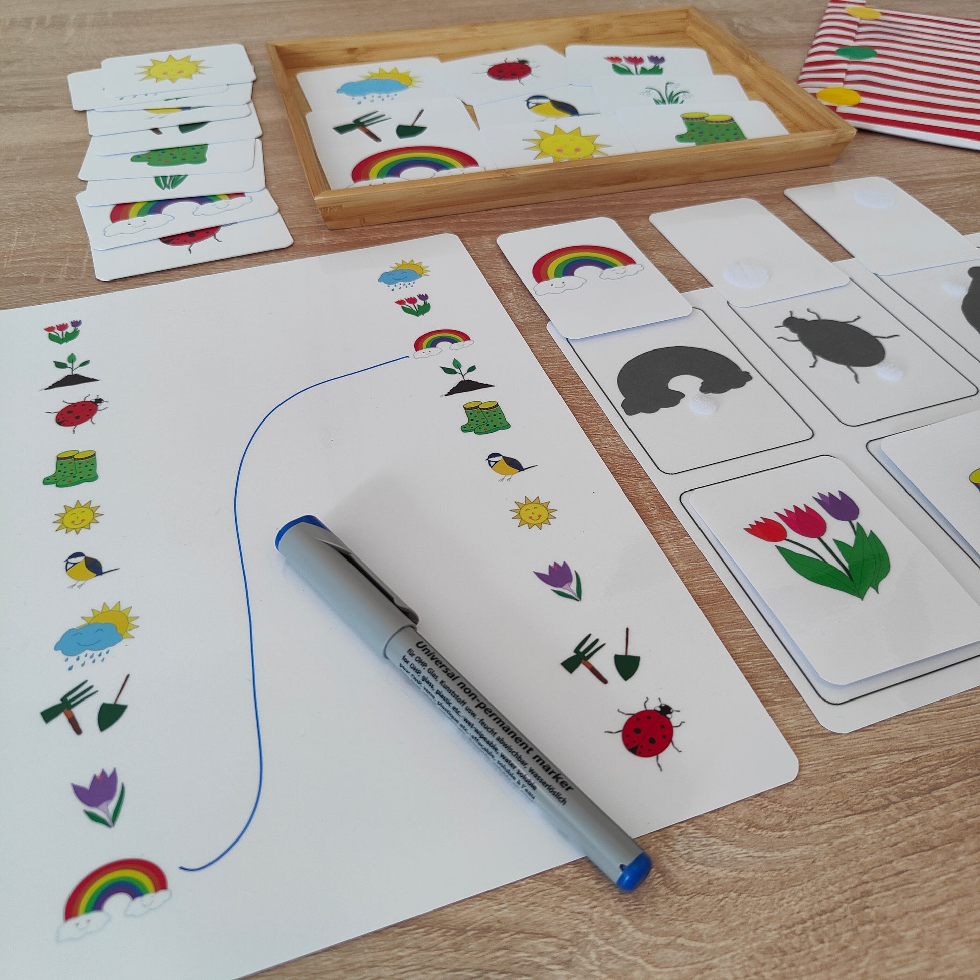 Lernspiel Frühling für Kinder mit verschiedenen Spielvarianten wie Memory, Zuordnungsspiel und Symbolkarten in einer Klettmappe. Ideal als Beschäftigung für Kinder zuhause oder im Kindergarten ohne Vorbereitung.