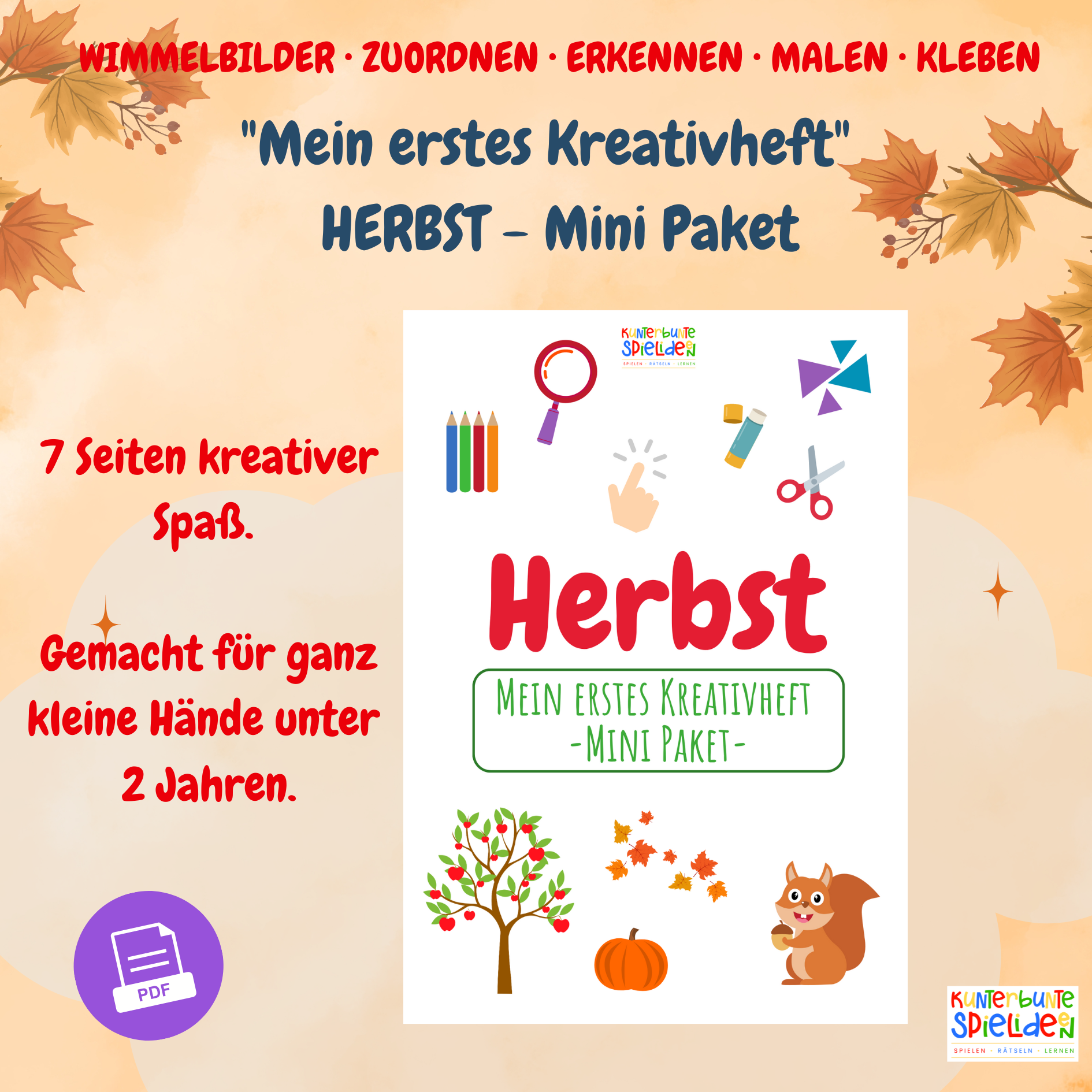 Mein erstes Kreativheft Herbst – PDF Bastelvorlagen für Kleinkinder ab 20 Monaten. Beschäftigungsideen, Malen, Kleben, Zuordnen und Wimmelbilder
