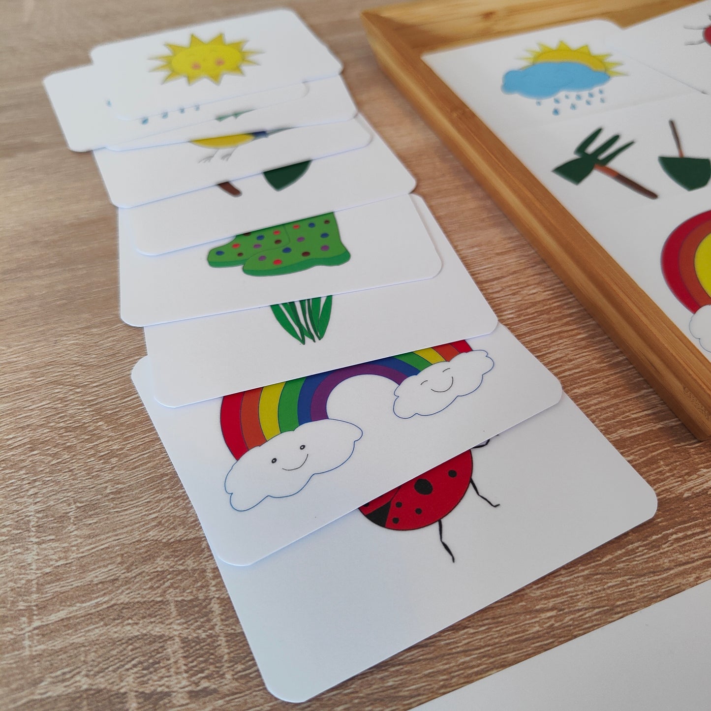 Memory Spiel für Kinder mit Frühlingsmotiven wie Blumen, Vögeln und Regenbogen als Teil einer Klettmappe für den Frühling. Dieses Lernspiel stärkt Konzentration und ist eine sinnvolle Beschäftigung für Kinder ohne Bildschirm.