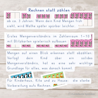 Rechnen statt zählen mit Zehnerfeld – Zahlzerlegung im Zehnerfeld 1–10 (2+3=5) als Lernkarten PDF zum Ausdrucken, Mengenverständnis 1. Klasse üben