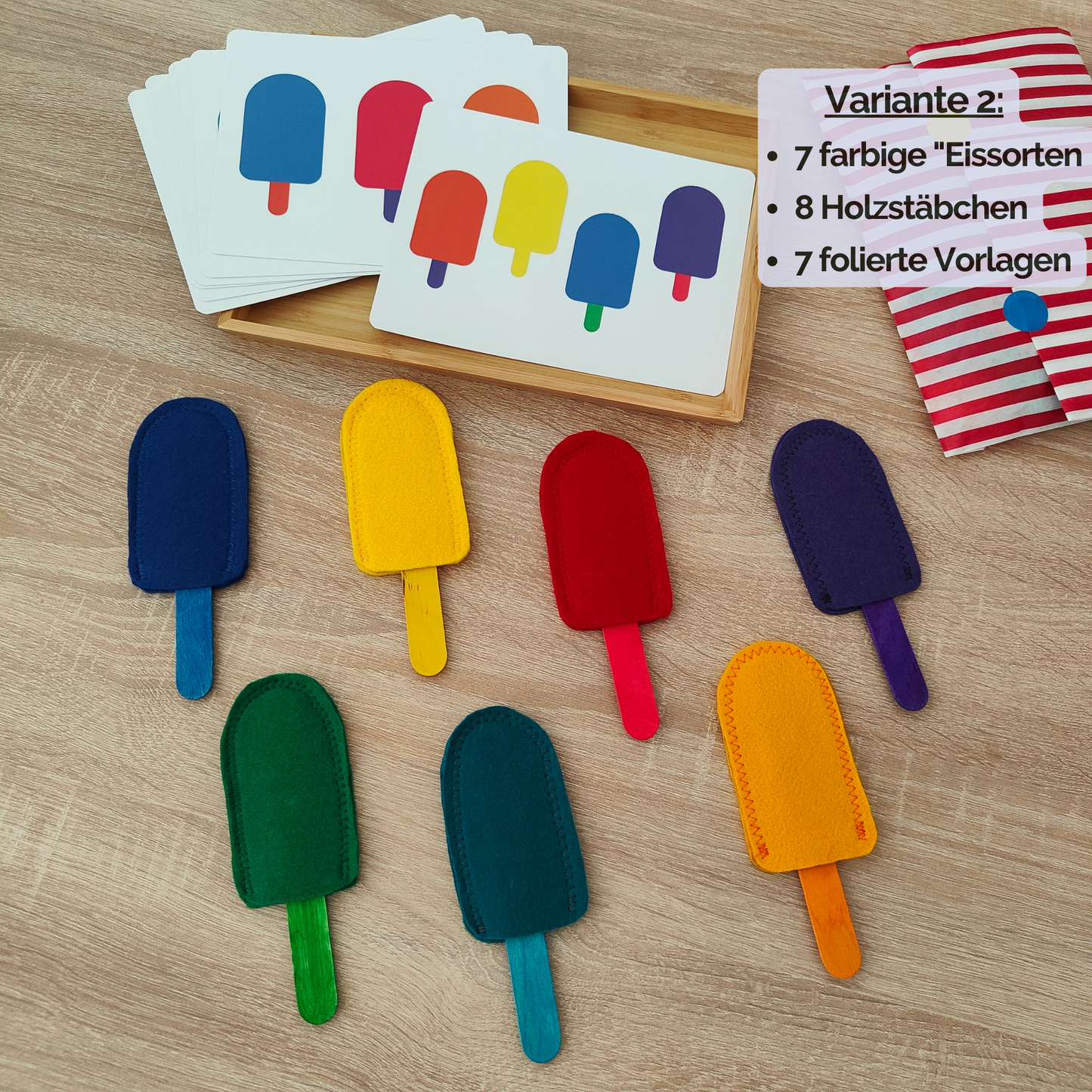 Mitwachsendes Lernspiel für Kinder ab 3 Jahren, das vom ersten Farbenlernen über das Zuordnungsspiel mit Vorlagen bis zum freien Spielen mit der Eisdiele genutzt werden kann