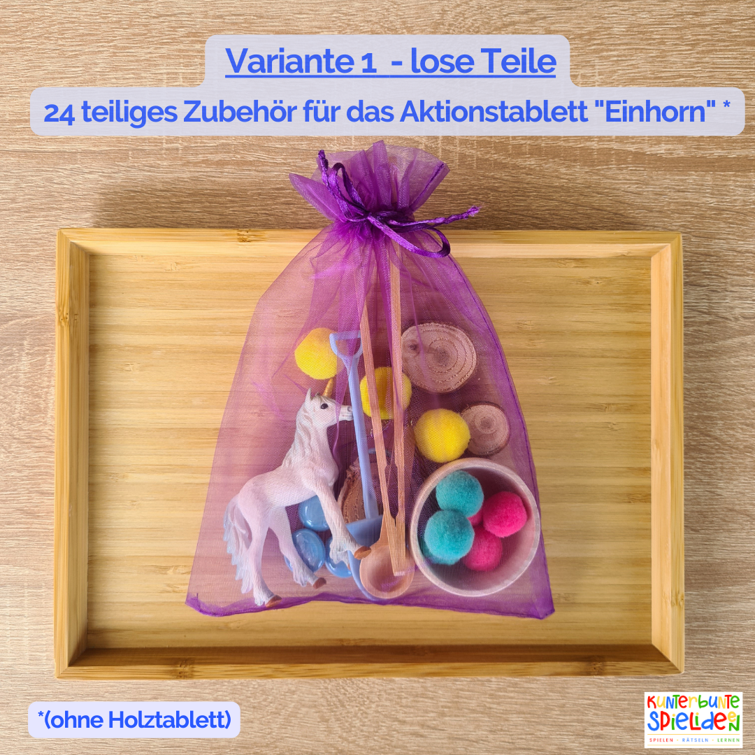 Sensorisches Einhorn Schüttspiel mit Reis für Kleinkinder. Montessori Fühlspiel für sensorisches Spiel, Schüttübungen und Feinmotorik ab 3 Jahren.