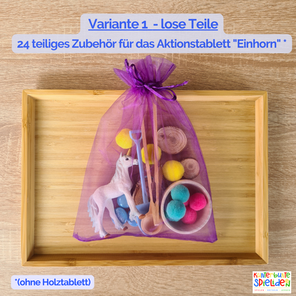 Sensorisches Einhorn Schüttspiel mit Reis für Kleinkinder. Montessori Fühlspiel für sensorisches Spiel, Schüttübungen und Feinmotorik ab 3 Jahren.