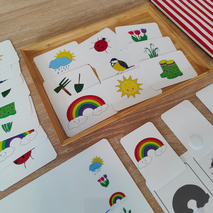 Zuordnungsspiel mit Schattenbildern und passenden Frühlingssymbolen als Montessori-inspiriertes Lernspiel für Kinder. Fördert spielerisch Feinmotorik, Wahrnehmung und erstes logisches Denken.