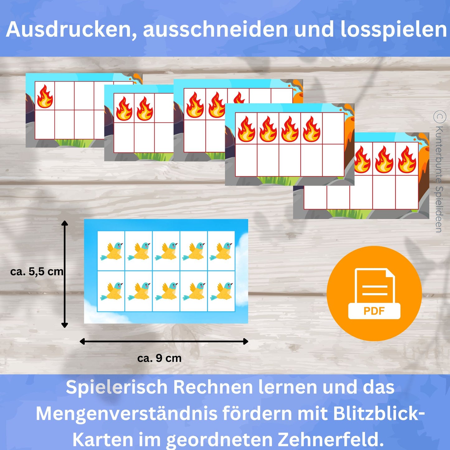 Blitzblick Lernkarten Zahlenraum 1 bis 10 als PDF zum Ausdrucken – Mathe Unterrichtsmaterial 1. Klasse mit Zehnerfeld Karten ca. 7 x 11 cm für Rechnen bis 10