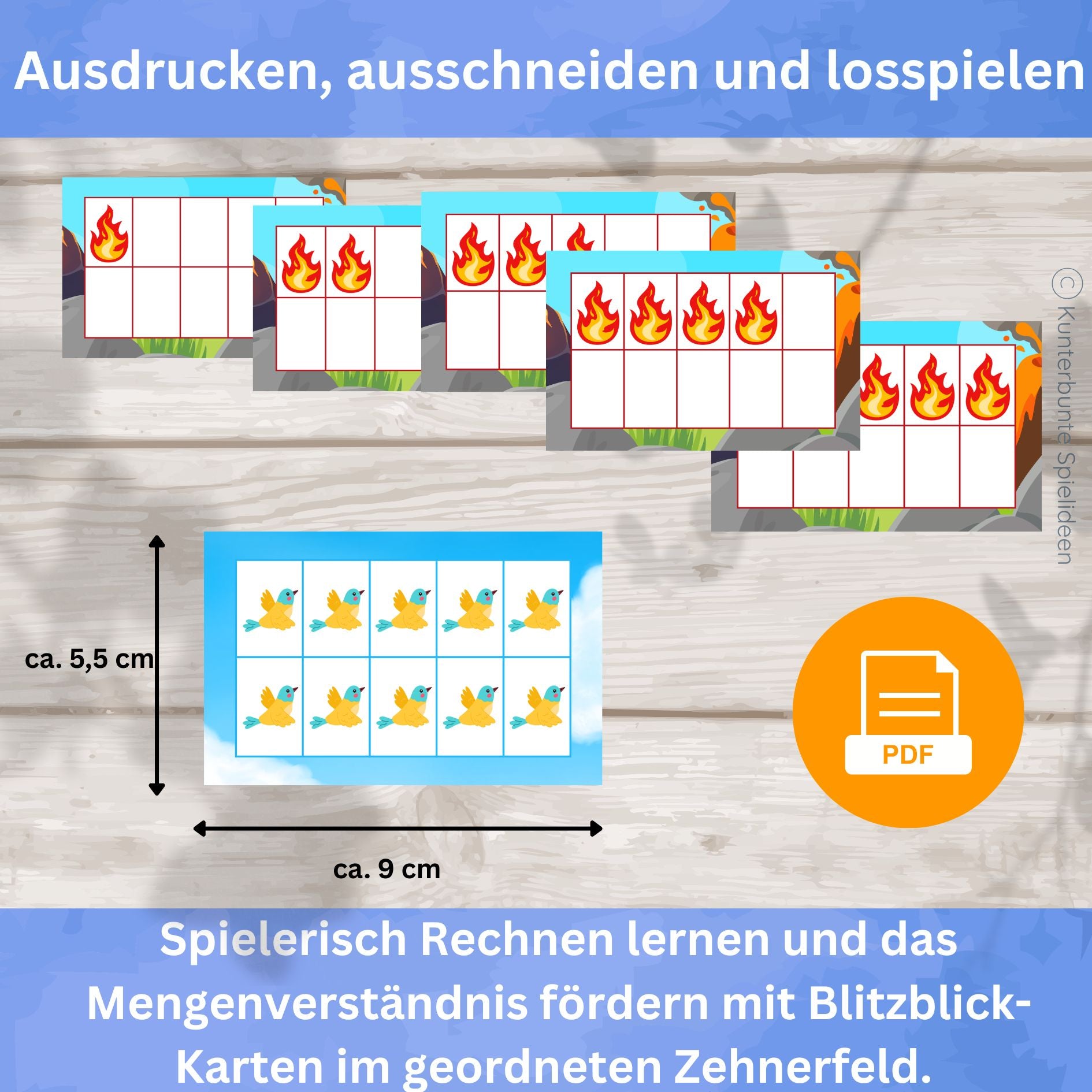Blitzblick Lernkarten Zahlenraum 1 bis 10 als PDF zum Ausdrucken – Mathe Unterrichtsmaterial 1. Klasse mit Zehnerfeld Karten ca. 7 x 11 cm für Rechnen bis 10