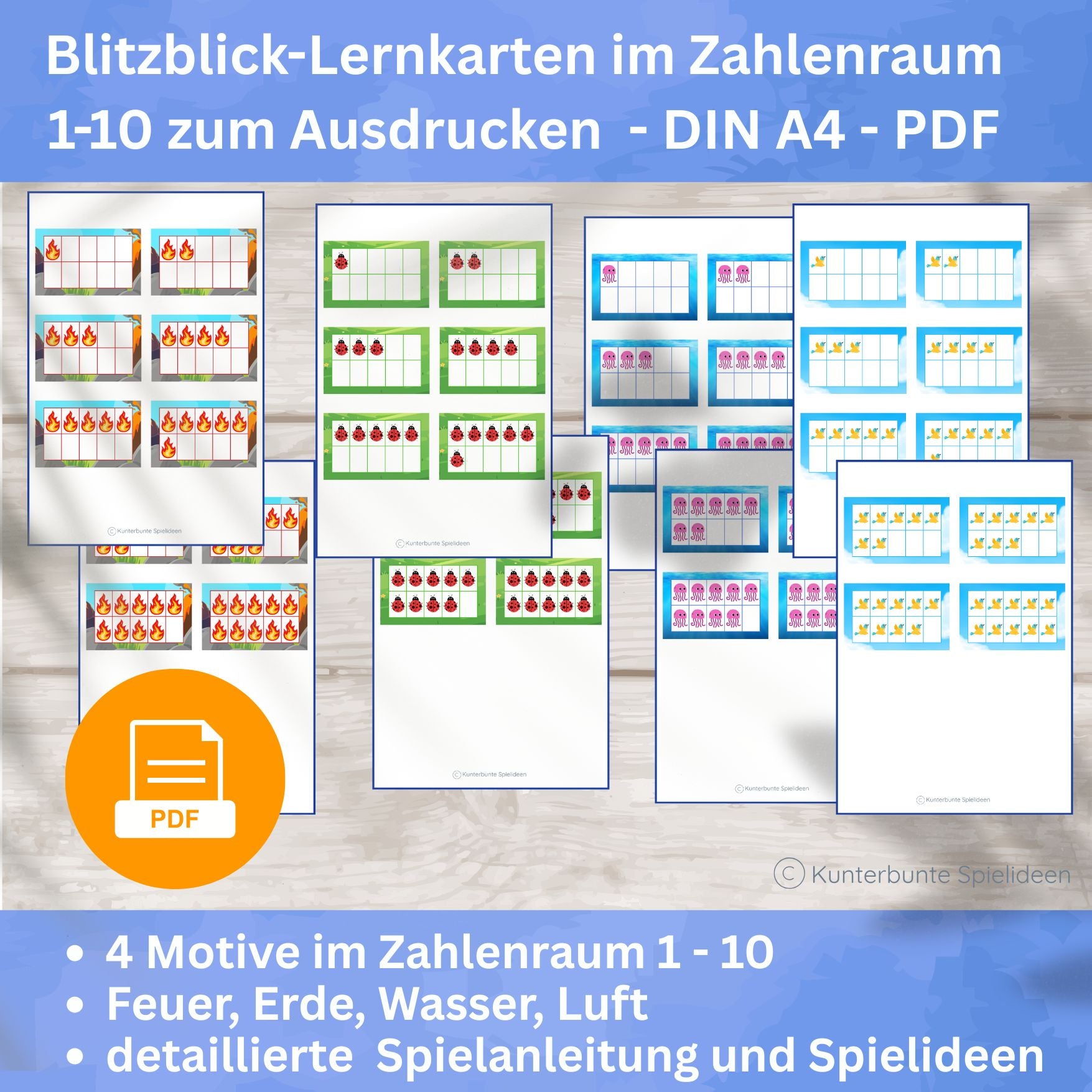 Blitzblick-Lernkarten Zahlenraum 1 bis 10 als DIN A4 PDF zum Ausdrucken – 4 Motive Feuer Erde Wasser Luft für Rechnen lernen 1. Klasse
