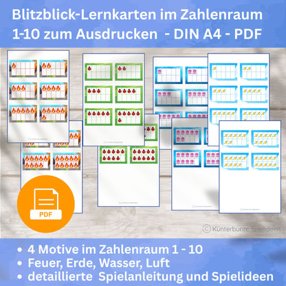 Blitzblick-Lernkarten Zahlenraum 1 bis 10 als DIN A4 PDF zum Ausdrucken – 4 Motive Feuer Erde Wasser Luft für Rechnen lernen 1. Klasse