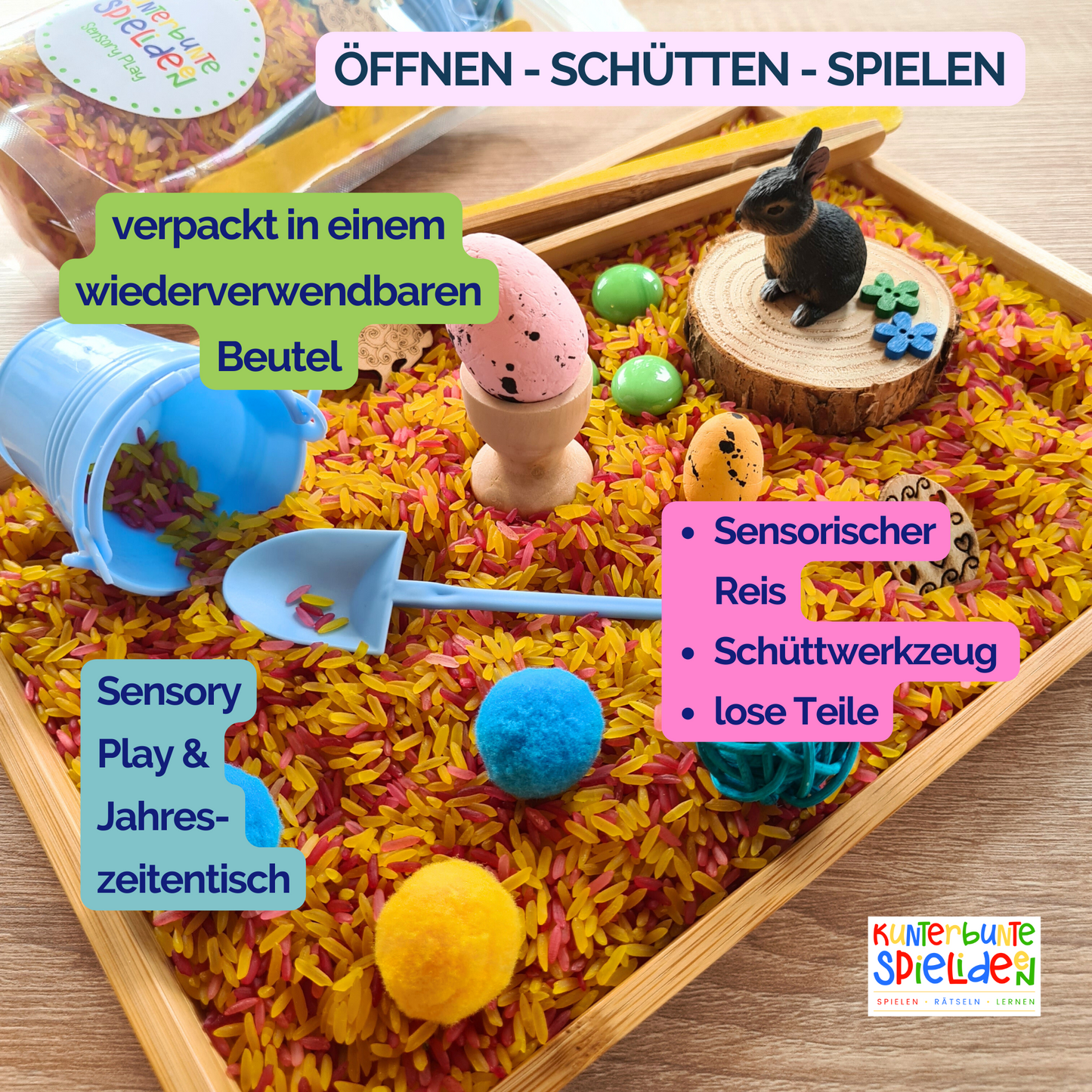Aktionstablett Idee für Ostern und Frühling mit Sensorik Spielzeug und Fühlspiel für Kinder ab 3 Jahren Jahreszeitentisch / Schüttspiel Reis Frühling Sensorische Aktivität